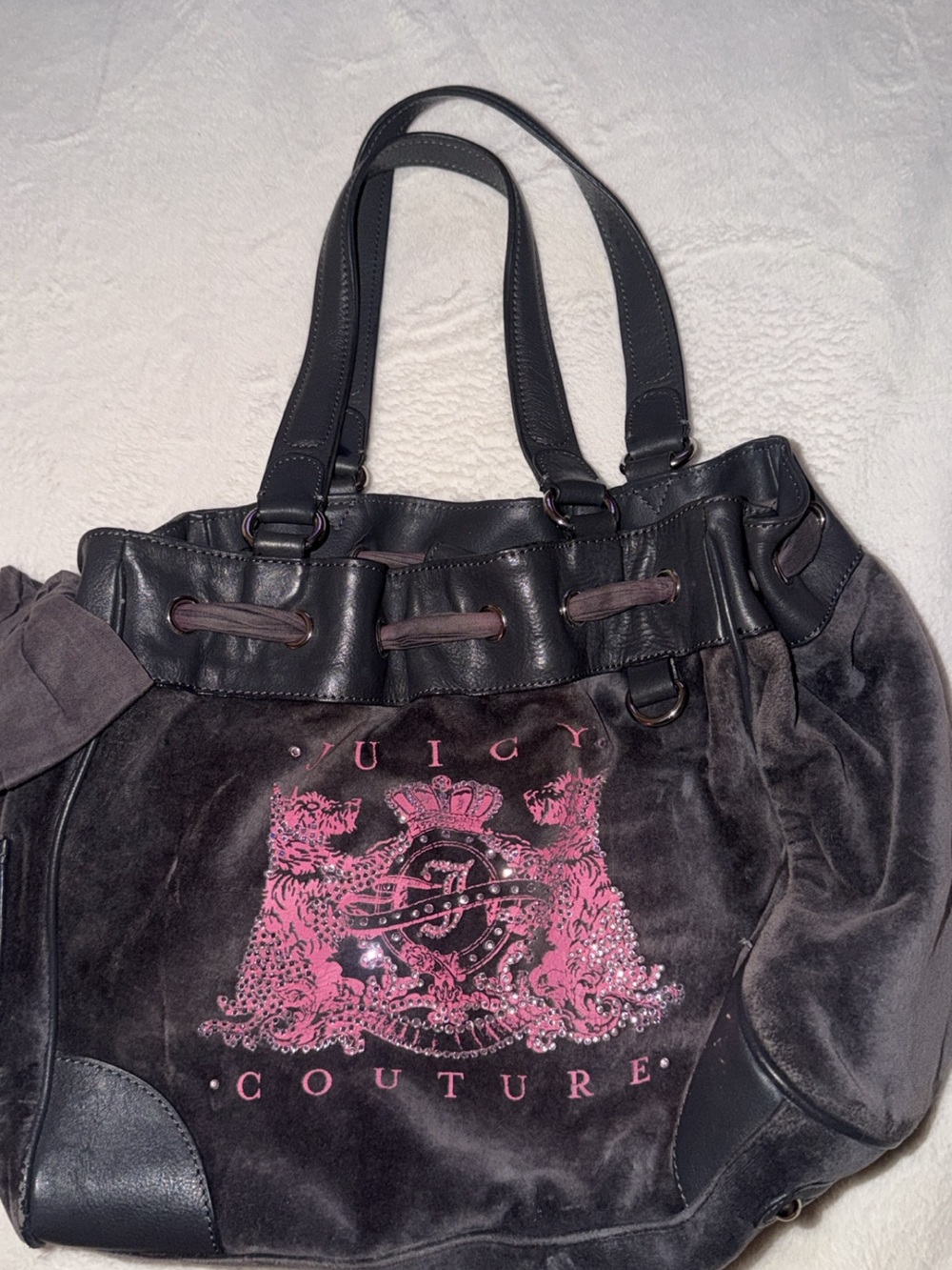 Vintage Juicy Couture Black Velvet Shoulder Tote with Pink Crest